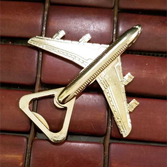 Our Adventure Begins Jet Airplane Bottle Opener Gold-tone New In Box 4"x3.5" - Picture 2 of 3
